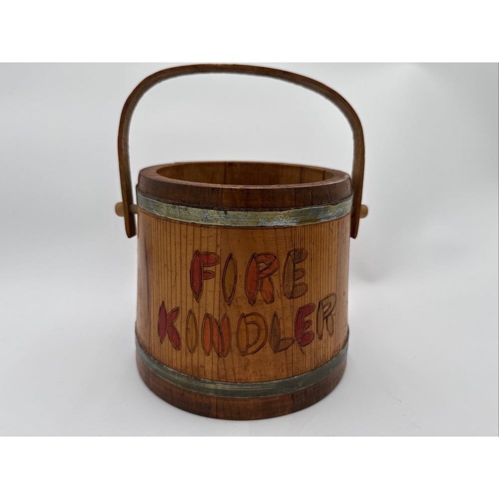 Vintage Handmade Wooden Fire Kindler Bucket Rustic Cabin Fireplace Decor‎